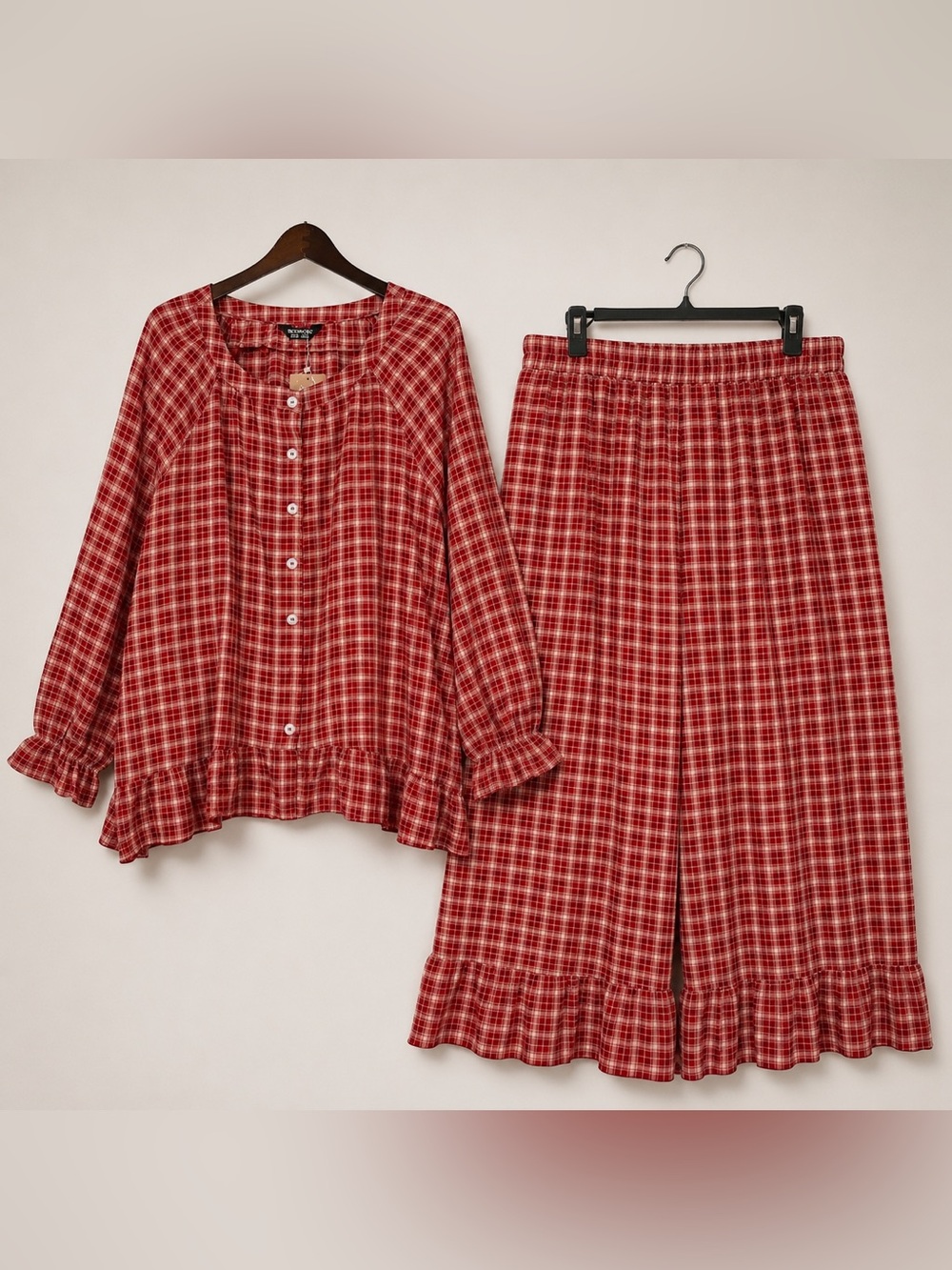 NWT BloomChic Gingham Ruffled Hem Co-Ord Pajama Set 18/20 Crimson